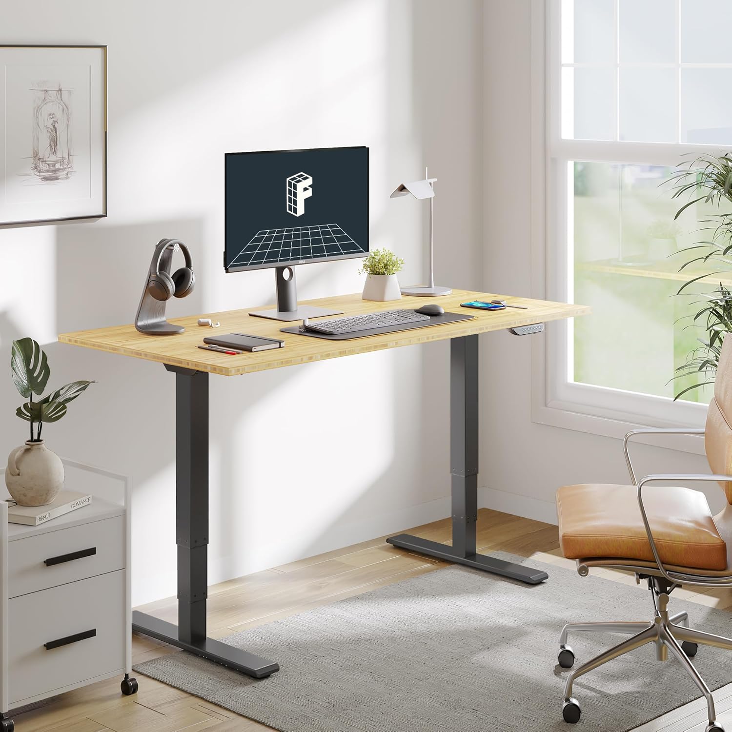 FLEXISPOT E6 MAX Bamboo Dual Motor 3 Stages Standing Desk 55x28 Inch Whole-Piece Board Electric Height Adjustable Stand Up Desk 150KG Load Capacity(Black Frame + Bamboo Desktop)