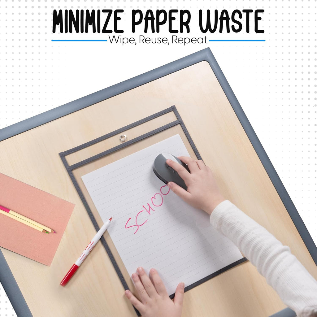 Essex Wares - 6 Pack, Gray, Dry Erase Pocket Document Protectors, 10" Wide x 13.5" Tall - Clear Plastic Sleeves - Reusable & Easy Erase Plastic Invoice Holders, Water-Resistant & Durable