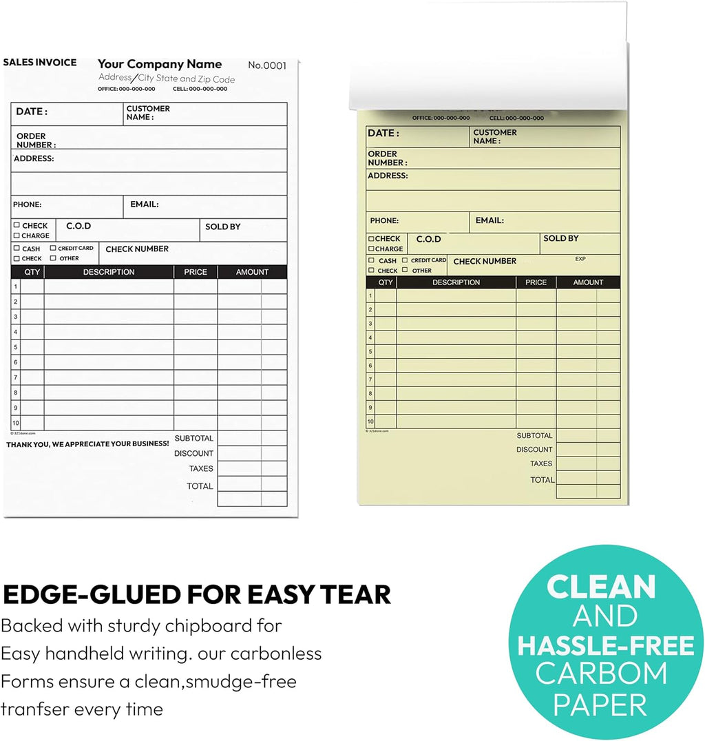 Custom 5.5" X 8.5" Invoice Receipt Book, Carbonless NCR Invoice Book in 2-Part Duplicate Receipts, Estimates, Purchase Orders, Sales Orders, Price Forms with Your Company/Business Name
