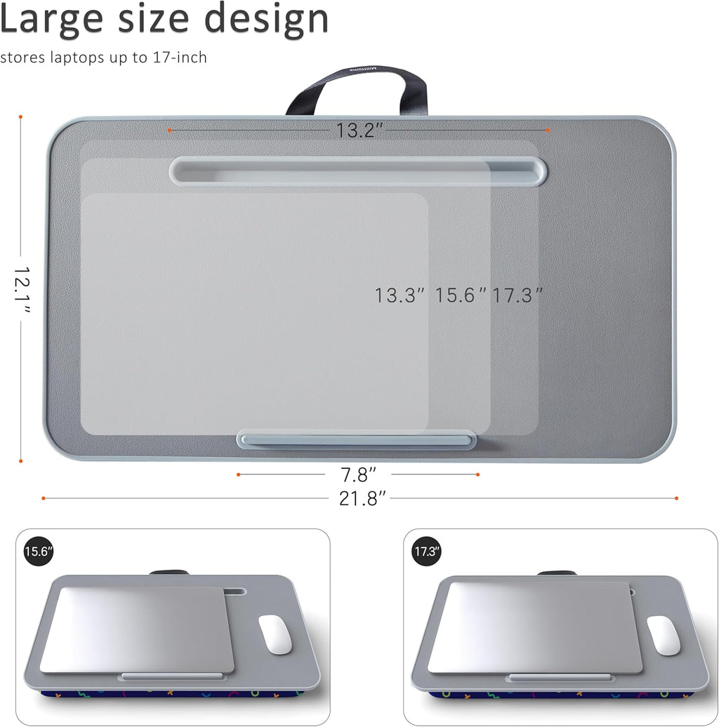 Millhome Lap Desk | Portable Laptop Desk – Fits Up to 17.3" Laptops – Detachable & Washable Cushion, Phone Holder, Device Ledge – for Writing, Working, Reading on Bed, Couch, Sofa, Floor – Geometric
