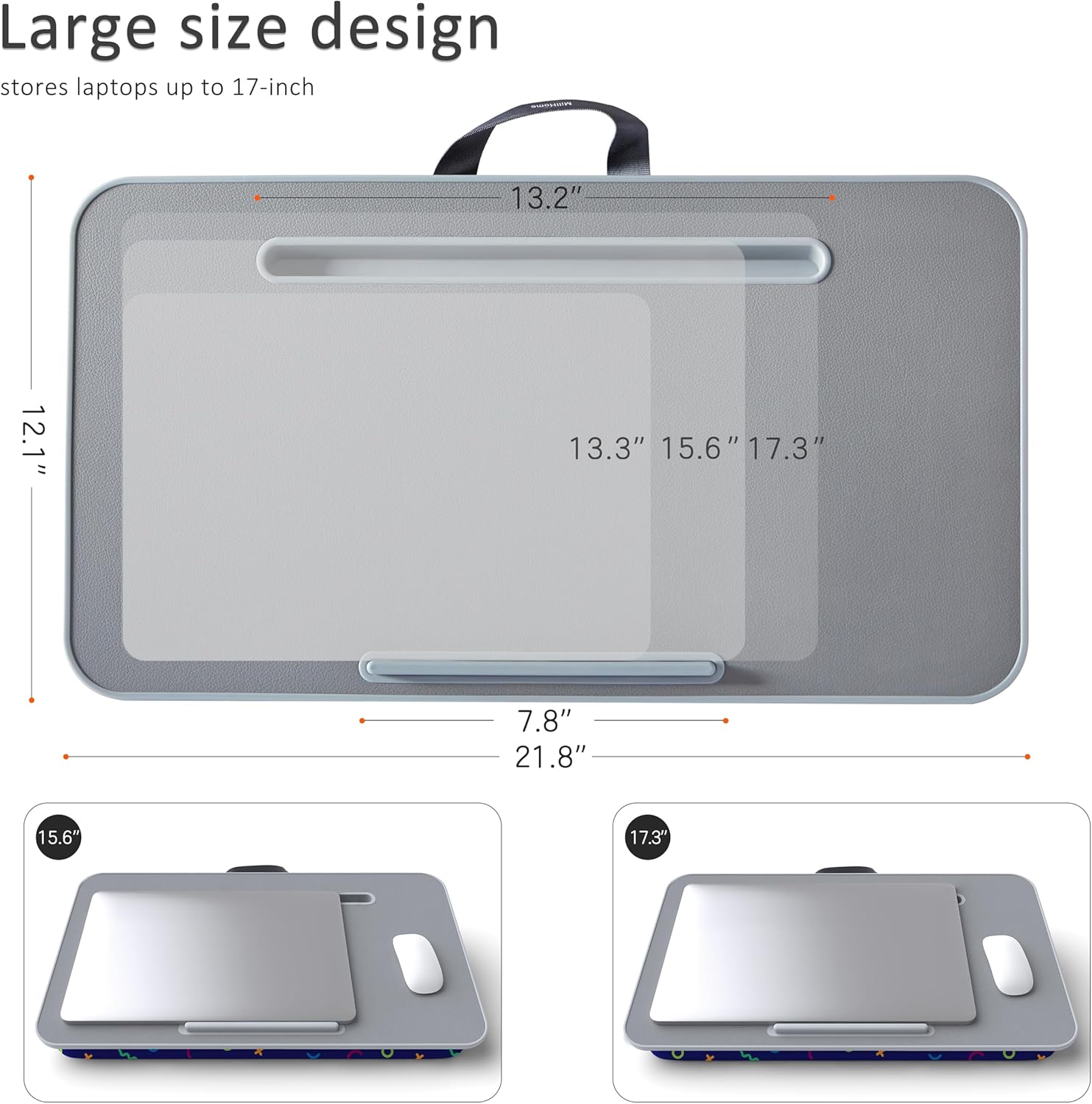 Millhome Lap Desk | Portable Laptop Desk – Fits Up to 17.3" Laptops – Detachable & Washable Cushion, Phone Holder, Device Ledge – for Writing, Working, Reading on Bed, Couch, Sofa, Floor – Geometric