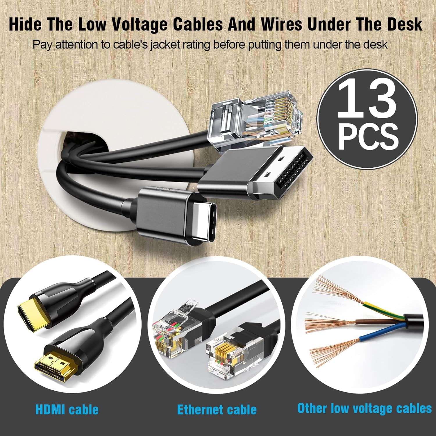 1-3/8" White Desk Grommet with Bi-Metal Hole Saw, JTemgle Plastic Cable Hole Cover Computer Table Cord Wire Organizer Caps, Desktop Cord Management for Home Office TV Stands Tabletops, 13 Pieces