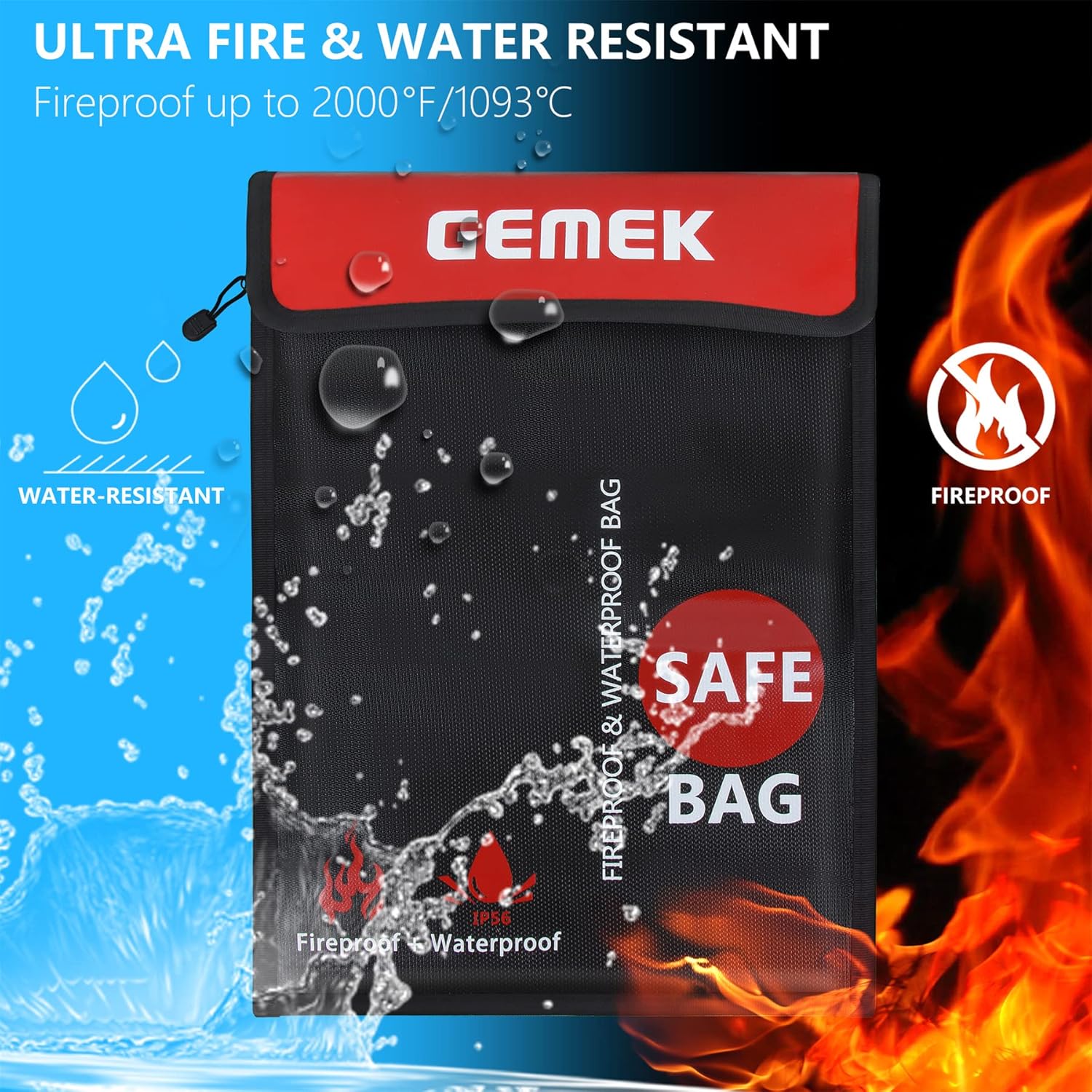 Fireproof Waterproof Money Document Bag 2 Pack, GEMEK Safe Zipper Bags, Fire & Water Resistant Storage Organizer Pouch for A4 A5 Documents Holder,File,Cash,Jewelry,Passport,Tablet,Laptop (Black)