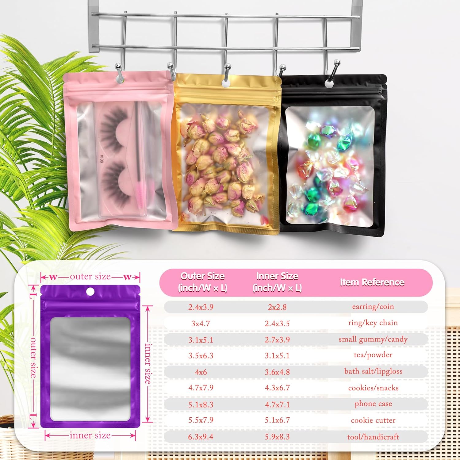 FUNFERY 100 Pack Mylar Resealable Bags Foil Packaging Bags with Clear Window,Zipper Pouch Smell Proof Bag for Food Storage,Cookies,Sample,Small Business(Purple,3x4.7inch)