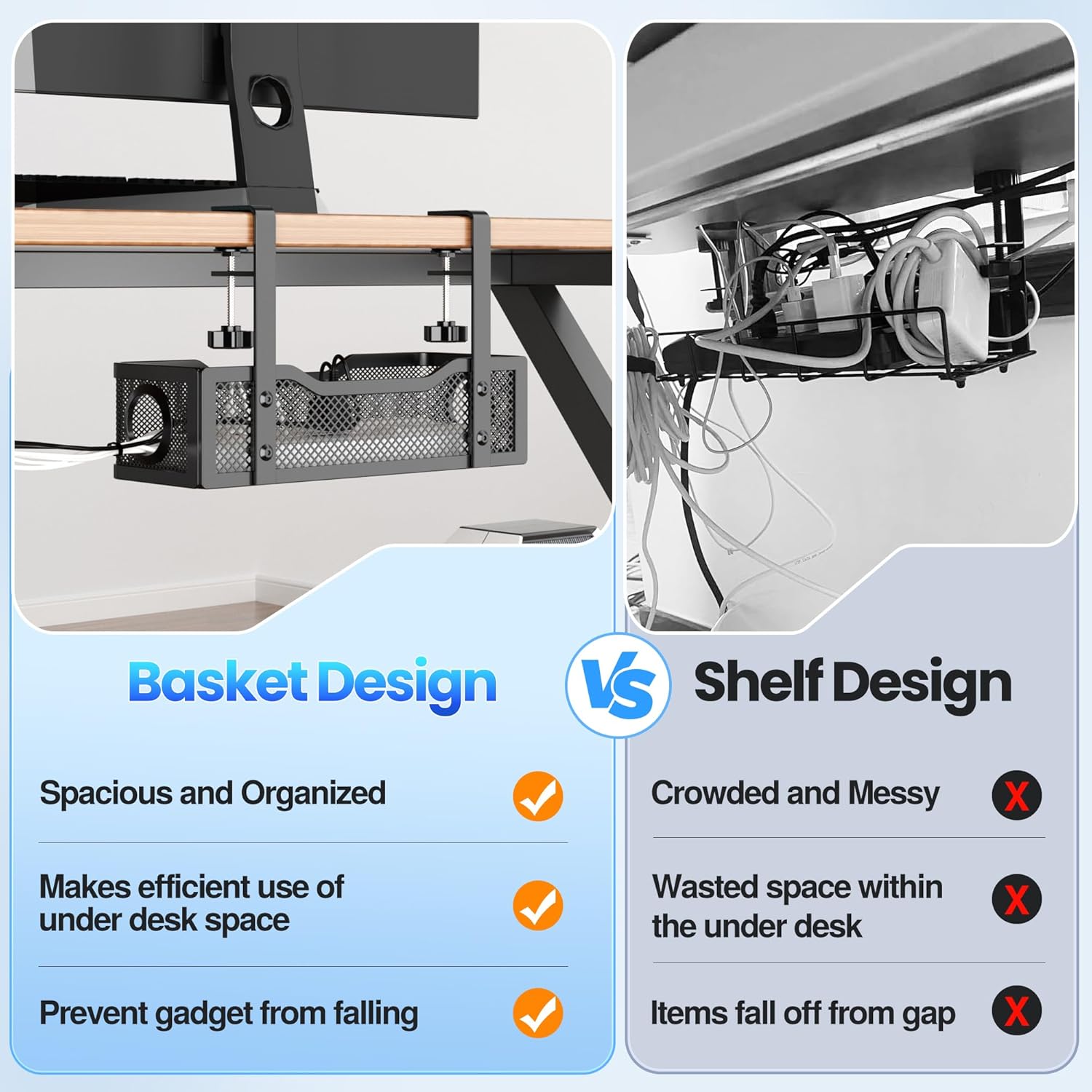2 Pack Cable Management Under Desk Tray, No Drill Cable Management Box with Clamp for Wire Organization, Cord Organizer for Office, Home - No Damage to Desk (Black)