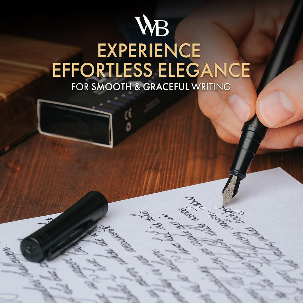 Wordsworth & Black Fountain Pen Set, Fine Nib, Includes 24 Pack Ink Cartridges, Ink Refill Converter & Gift Box, Calligraphy, [All Black], Perfect for Men & Women