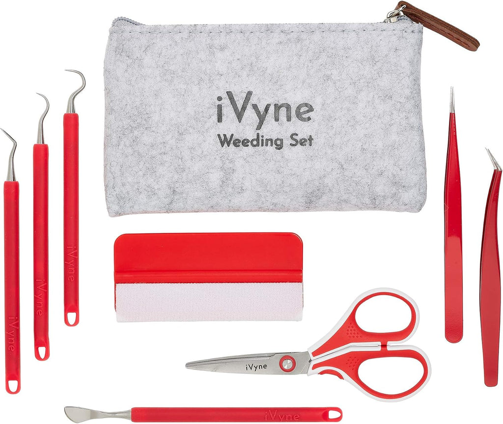 iVyne (8pcs) Berry Essentials Silicone Vinyl Weeding Tool Kit Soft Grip Weeding Tools for Vinyl with Weeder, Tweezers, Picker, Scissors and Scraper Set for Silhouette Cameos and Cricut Craft (Red)
