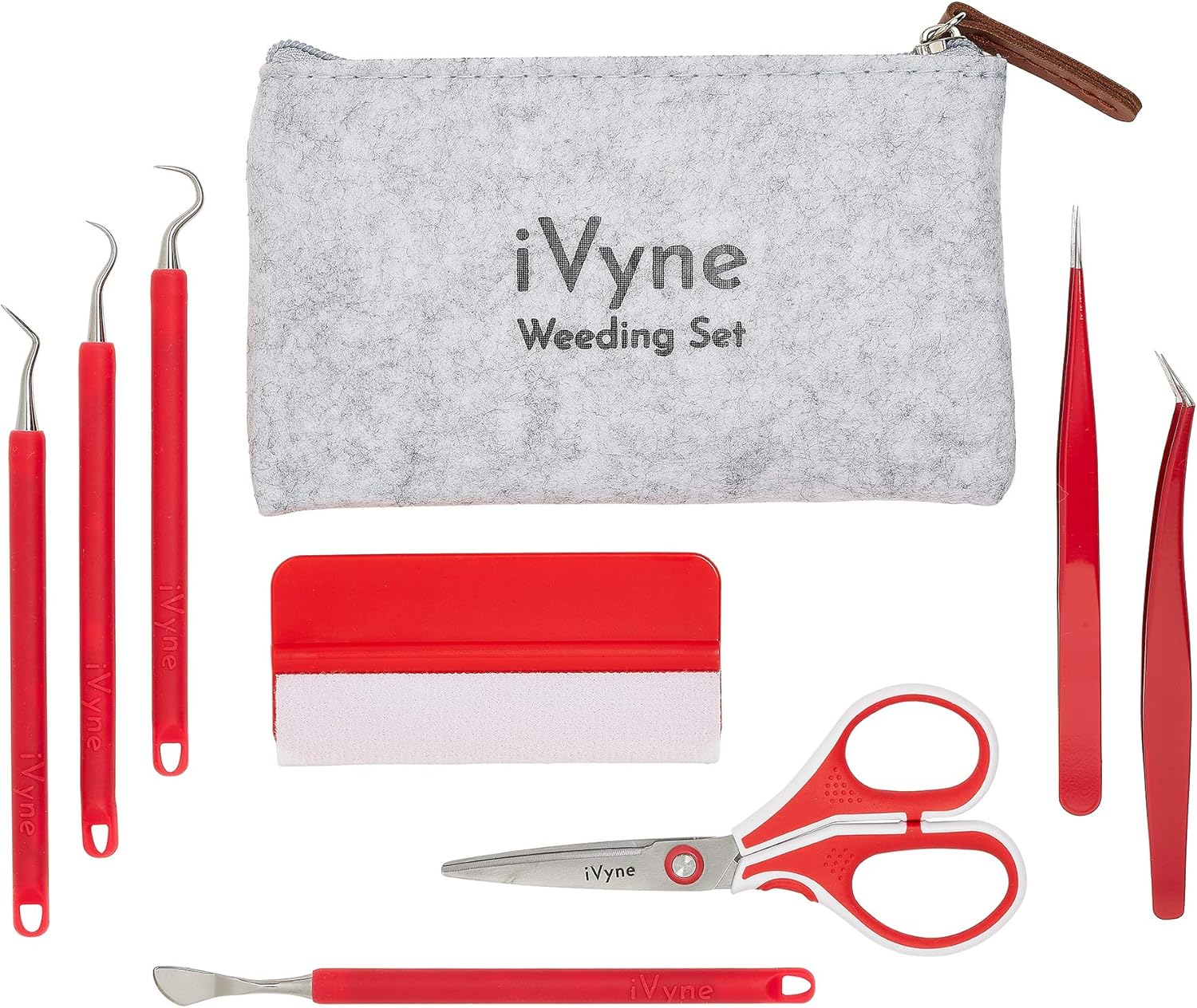 iVyne (8pcs) Berry Essentials Silicone Vinyl Weeding Tool Kit Soft Grip Weeding Tools for Vinyl with Weeder, Tweezers, Picker, Scissors and Scraper Set for Silhouette Cameos and Cricut Craft (Red)