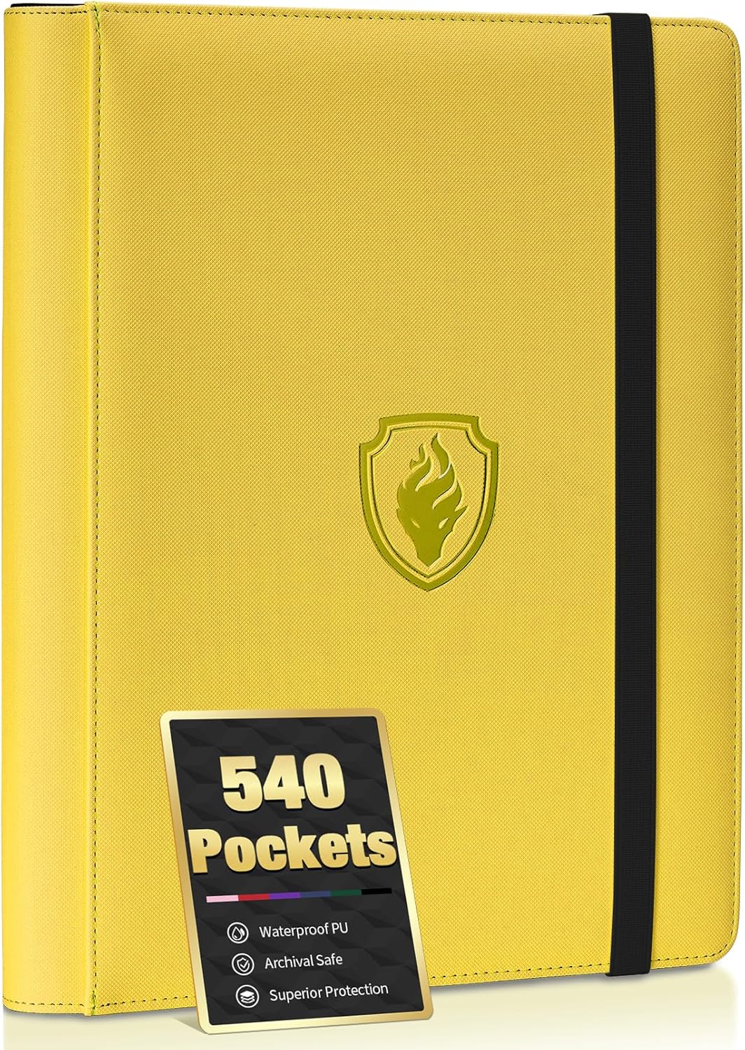 Premium 9 Pocket Card Binder for 540 Cards, Fabmaker PU Cover Trading Card Binder, Sturdy Card Collection Album, Sleek Card Holder Folders for YuGiOh, MTG, TCG, Game Cards & Sports Cards, Yellow