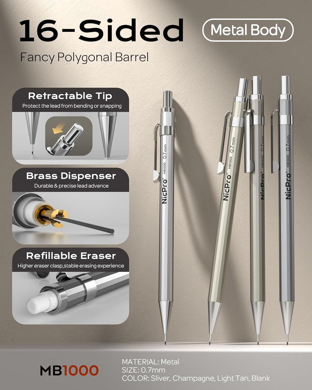 Nicpro 4 Pack Mechanical Pencil 0.7mm with Case, MB1000 Metal Mechanical Pencil Set with 6 Tube HB #2 Lead Refill 0.7 mm, 3PCS 4B Eraser, 9 Cap Eraser for Artist Drafting Writing, Sketching, Drawing