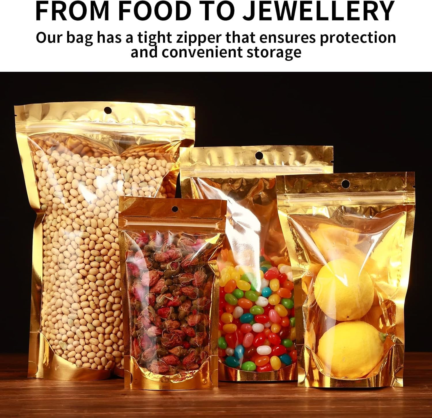 150 Pcs Mylar Bags for Food Storage 7x10 Mylar Bag with Window Stand Up Large Resealable Bags Smell Proof Bag Food Packaging for Small Business Freeze Dried Candy Jewelry Foil Packaging Gold