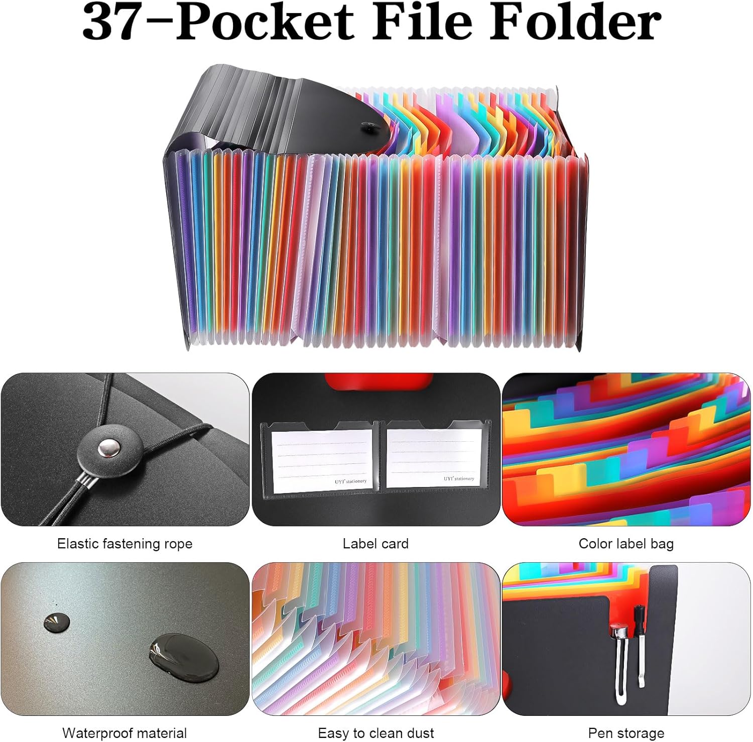 37-Pocket Expanding File Folder with Labels, A4/Letter Size Accordion Document Organizer, Portable Black Folder for Office, Travel, Business, School & Home