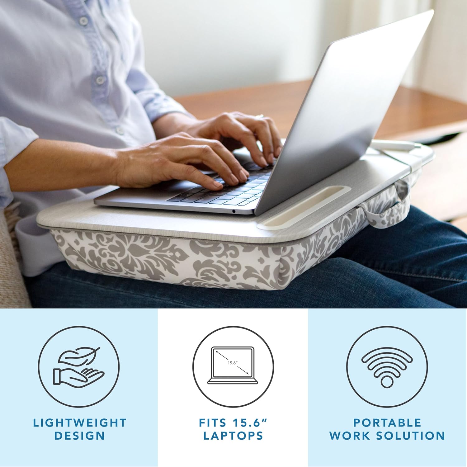 LAPGEAR Designer Lap Desk with Phone Holder and Device Ledge - Gray Damask - Fits up to 15.6 Inch Laptops - Style No. 45424