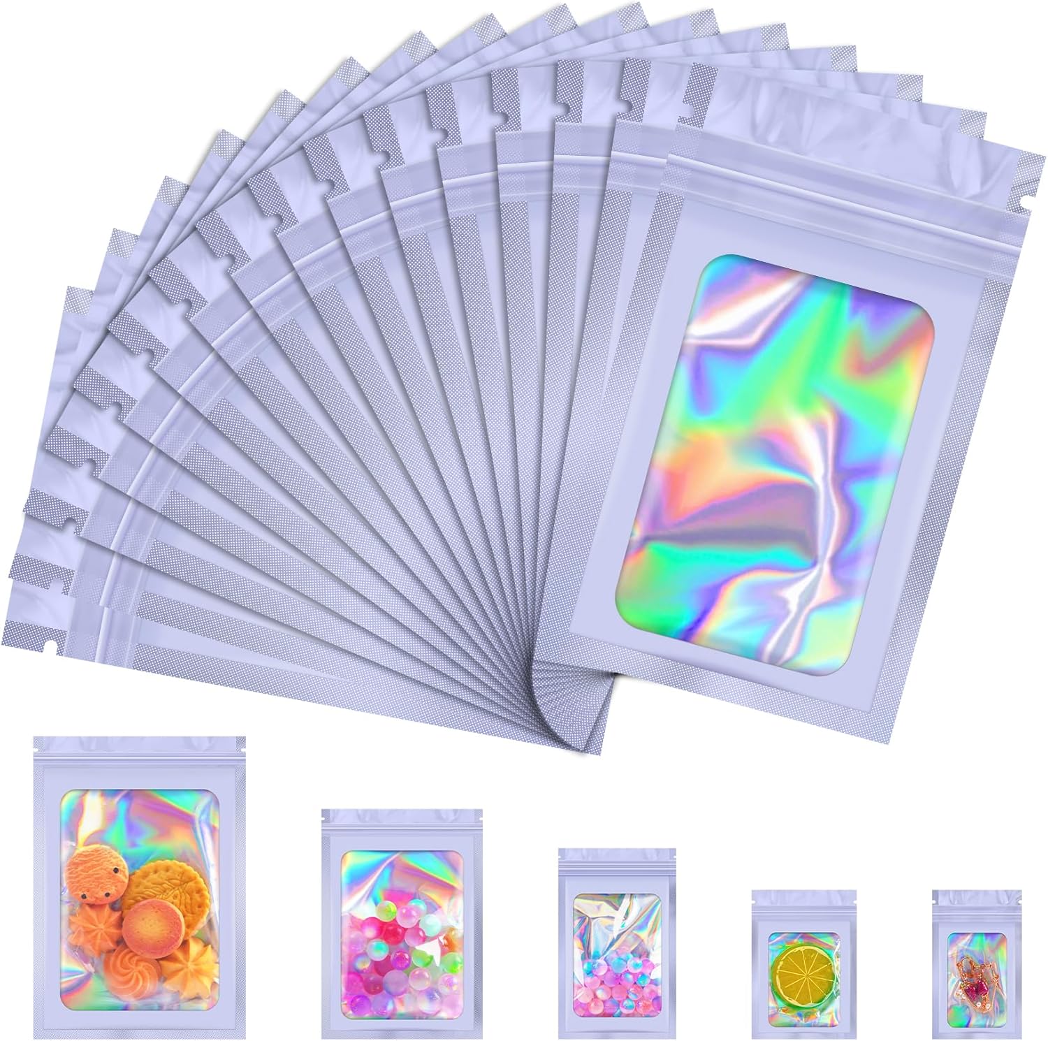 100 Pcs Mylar Bags, Smell Proof Bags Foil Pouch, Holographic Resealable Bags for Small Business, Candy Sample Jewelry Bag Sealable Packaging for Party Favor Food Storage (2.4x3.9in-Purple)