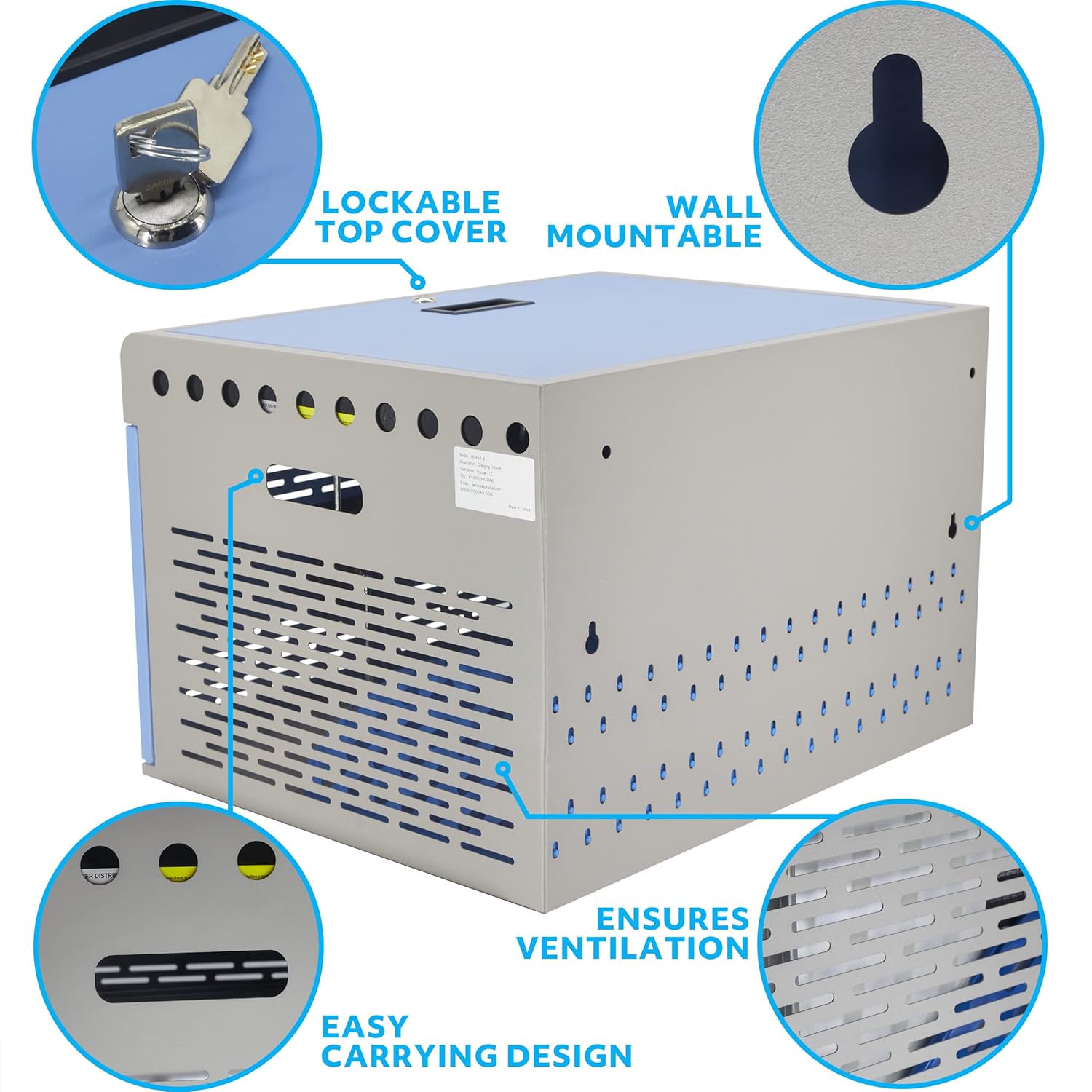 16-Unit Charging Cabinet for Laptops & Tablets - Locking Laptop Storage Box with Cable Management, Charger Storage, and Ground Protection for Classroom, Library, and Office(Blue)