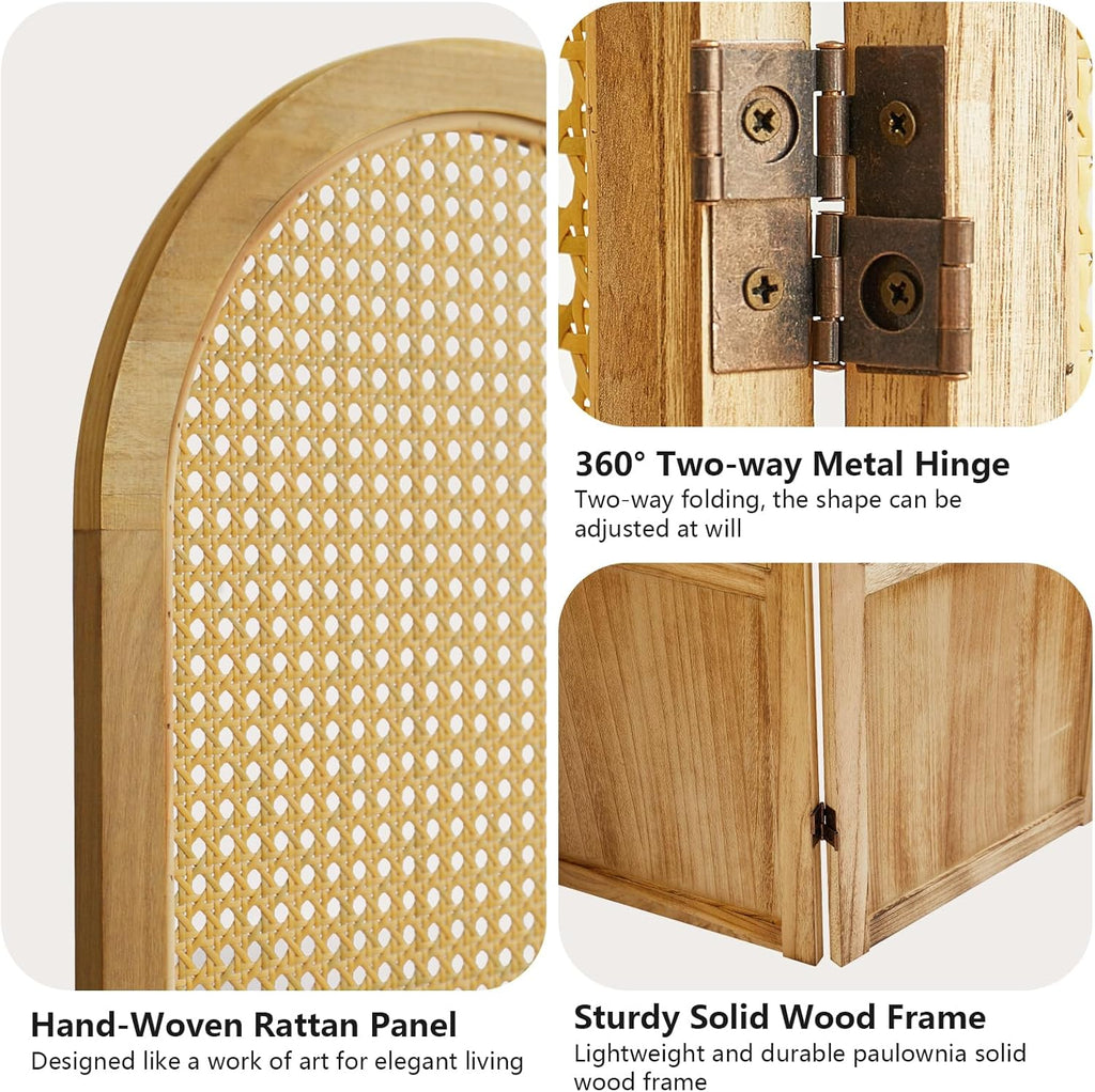 4 Panel Room Divider and Folding Privacy Screen, 5.6 Ft Foldable Double Hinged Rattan Partition, Hand-Woven Rattan Room Divider Portable Wood Freestanding Wall Divider for Room Separation - Natural