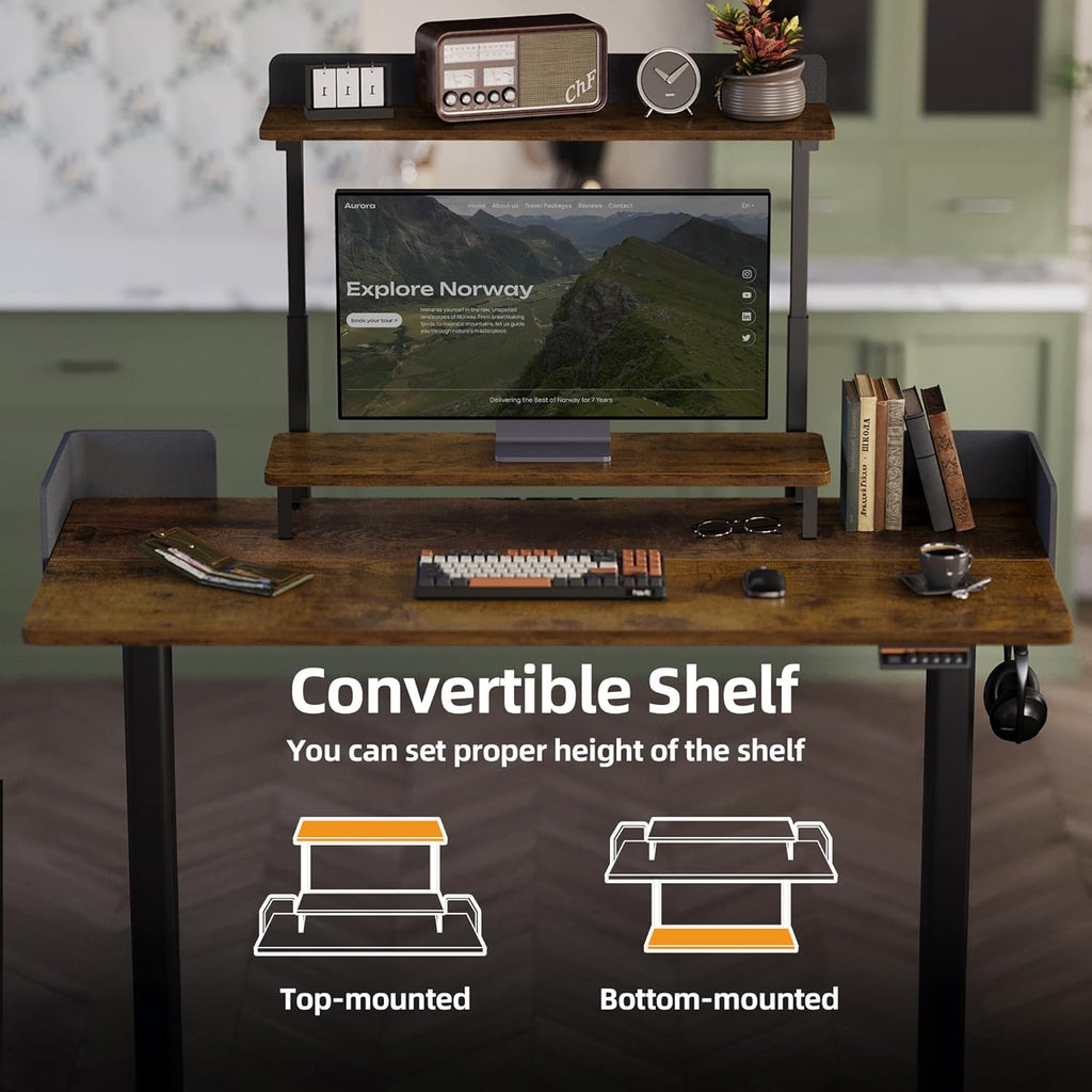Claiks Electric Standing Desk with Removable Shelves, 55 x 24 Inches Height Adjustable Desk, Stand Up Monitor Stand Desk for Computer Workstation, Rustic Brown