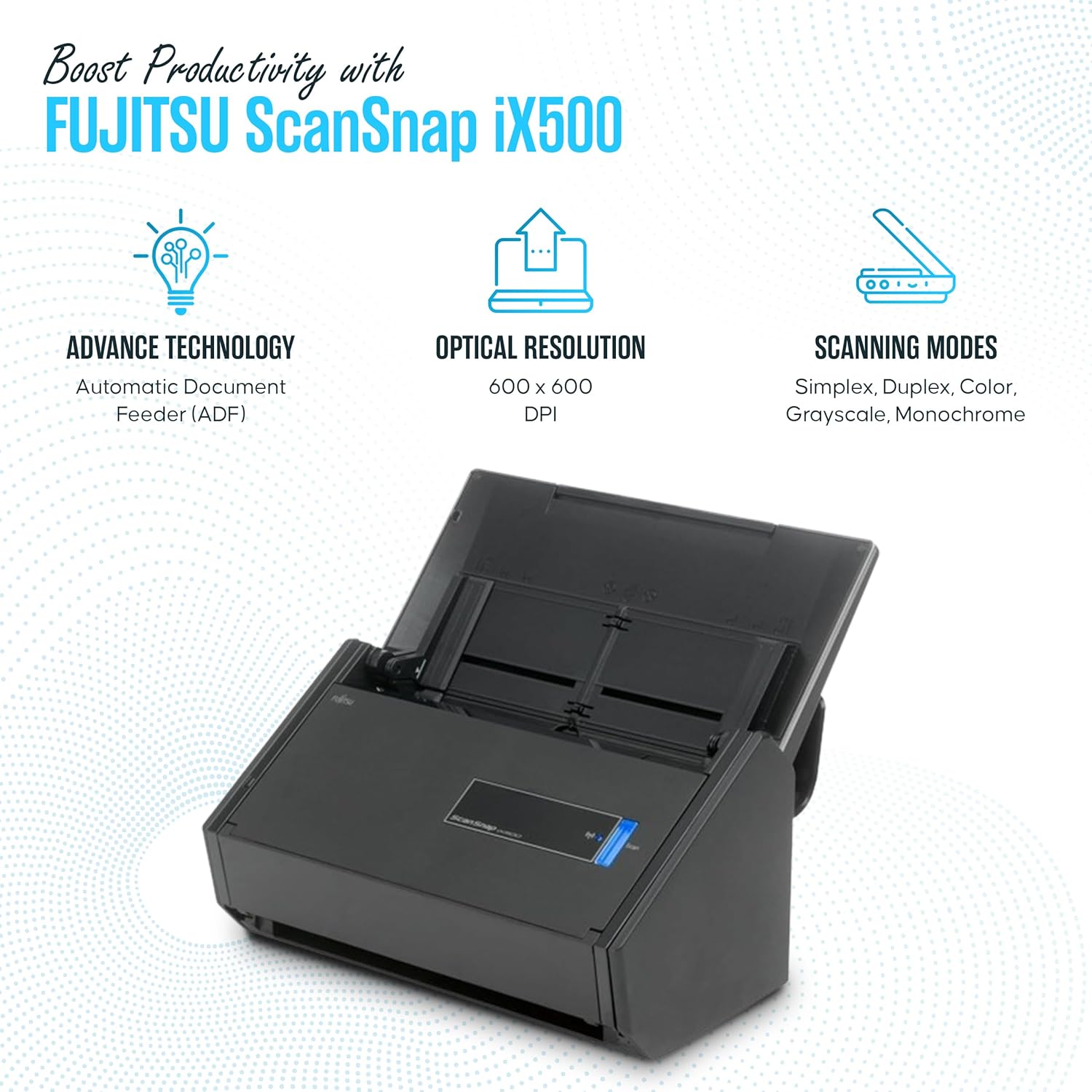 IX500 Fujitsu Scansnap Receipt Scanner for Mac & PC - USB High Speed Cloud Enabled Document, Photo Scanners - ADF with Duplex Scanning - Comes with 16v, USB 3.0 Cable (Renewed)