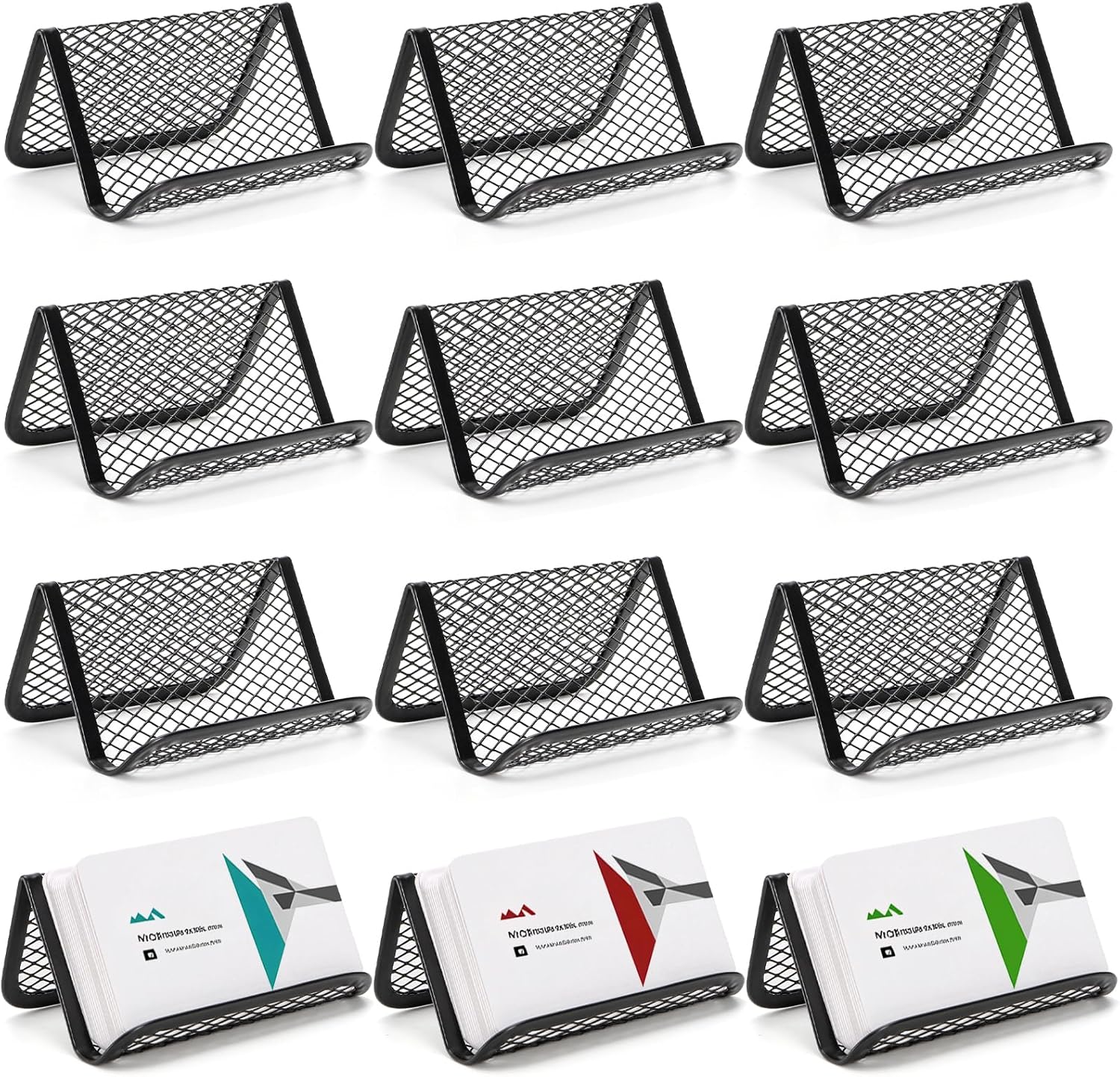 Suwimut 12 Pack Business Card Holder for Desk, Metal Mesh Business Card Stand Desktop Display Rack, Black Business Card Organizer Holds up to 50 Name Cards for Office