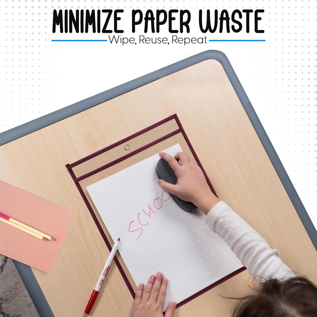 Essex Wares - 6 Pack, Maroon, Durable Water-Resistant Dry Erase Pocket Document Protectors, 10" Wide x 13.5" Tall - Dry Erase Clear Plastic Sleeves - Reusable & Easy Erase Plastic Invoice Holders