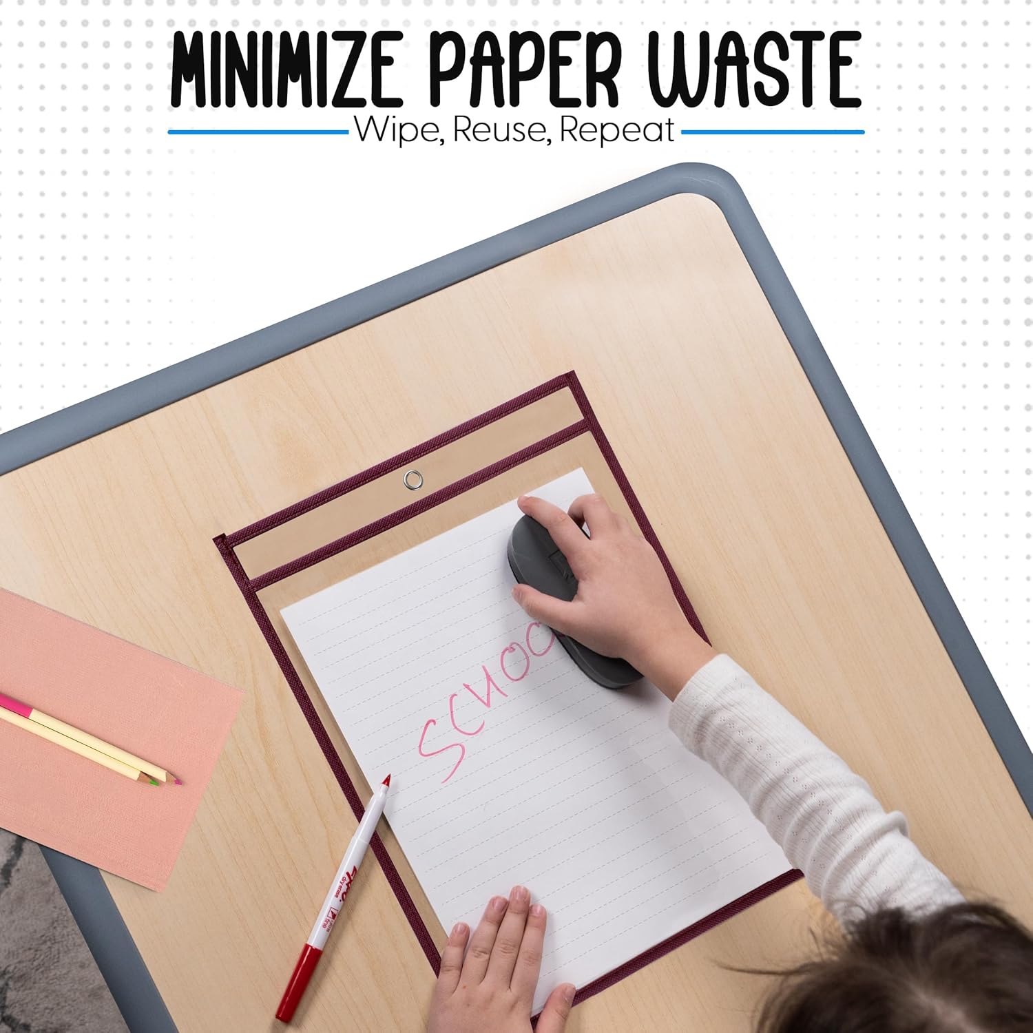 Essex Wares - 6 Pack, Maroon, Durable Water-Resistant Dry Erase Pocket Document Protectors, 10" Wide x 13.5" Tall - Dry Erase Clear Plastic Sleeves - Reusable & Easy Erase Plastic Invoice Holders