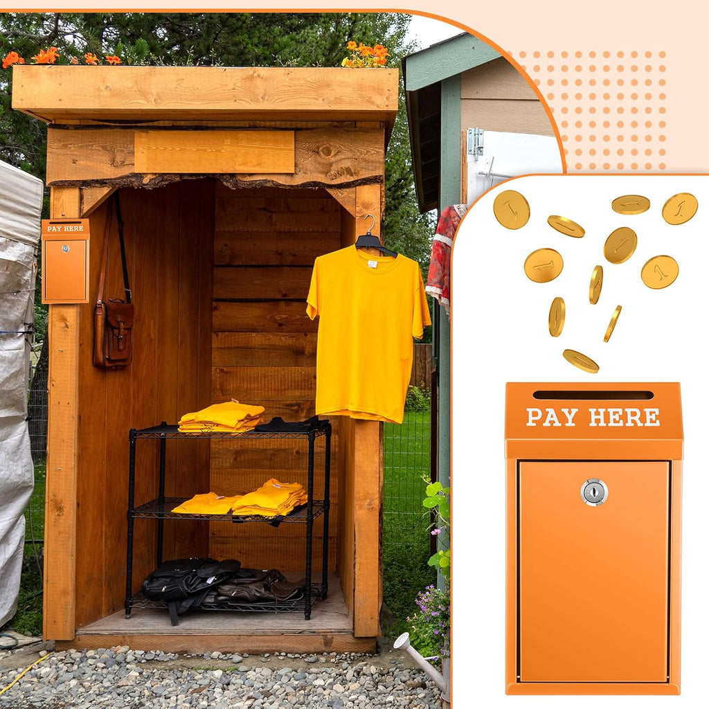 Safe Cash Box Money Collection Metal Donation Box with Lock Wall Mount Pre Drilled Mailbox Delivery Ballot for Home Office Outdoor Self Serve Stand(Orange,10.2 x 5.7 x 2.8 Inch)