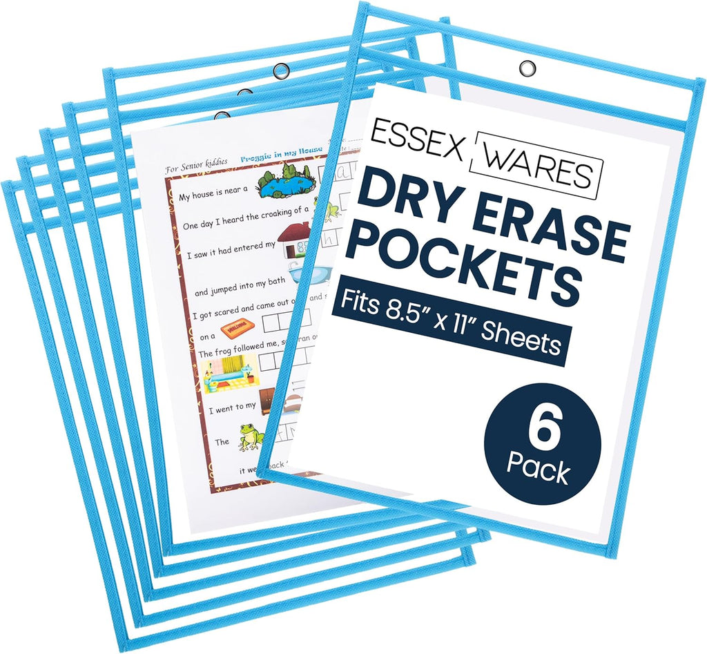 Essex Wares - 6 Pack, Light Blue, Water-Resistant Dry Erase Pocket Document Protectors, 10" Wide x 13.5" Tall - Dry Erase Clear Plastic Sleeves - Reusable & Easy Erase Plastic Invoice Holders