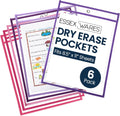 Essex Wares - 6 Pack, Pinks & Purples, Water-Resistant Dry Erase Pocket Document Protectors, 10" Wide x 13.5" Tall - Dry Erase Clear Plastic Sleeves - Reusable & Easy Erase Plastic Invoice Holders