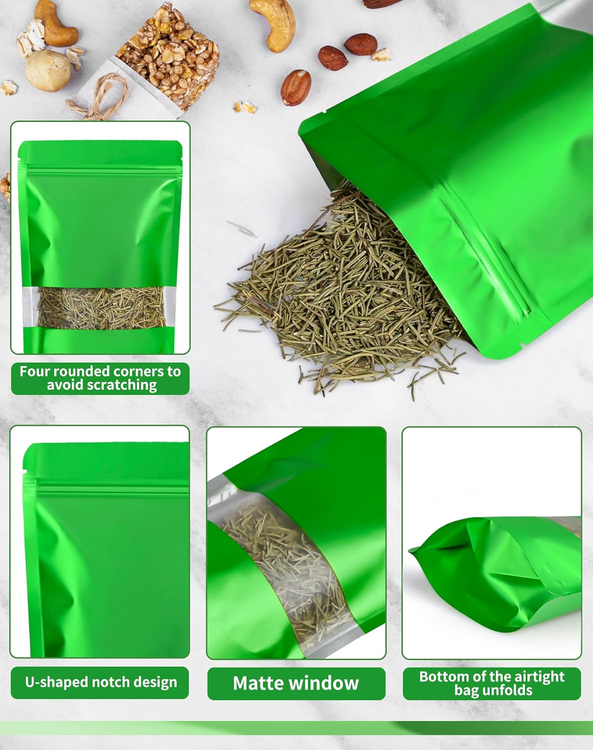 FireKylin 100 Pack Smell Proof Bags, Resealable Bags with Matte Window, Foil Pouch Stand Up Sealable Bags for Packaging（Green,4" x 6"）