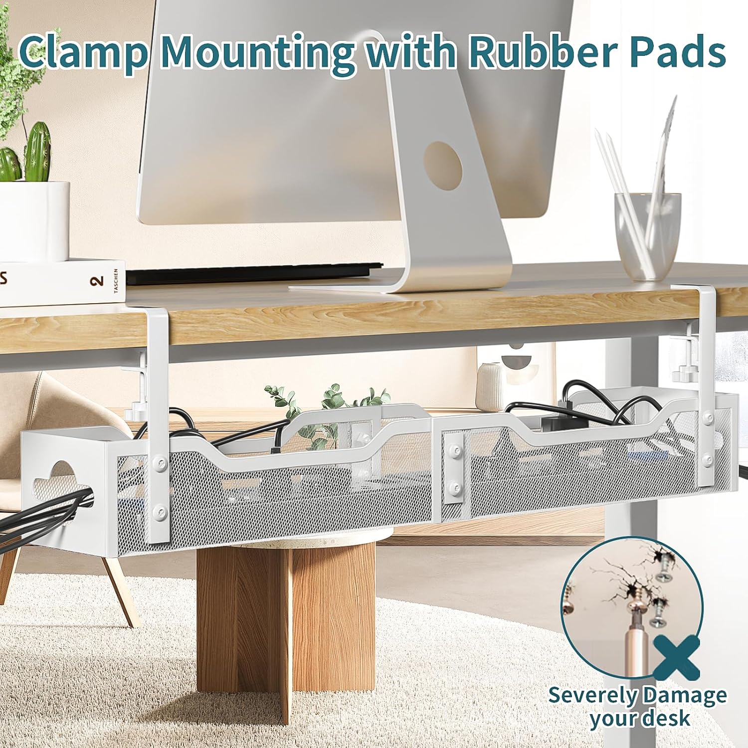 Under Desk Cable Management Tray White, Litwaro Cable Management Under Desk No Drill, 25'' Cable Tray with Clamp for Wire Management, Cord Organizer for Office, Home - No Damage to Table
