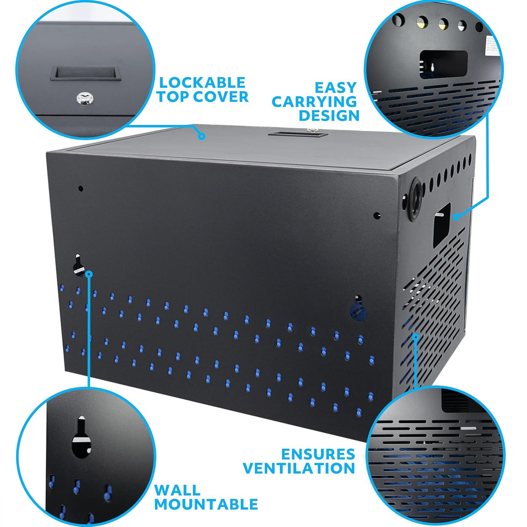 POCHAR 16-Unit Charging Cabinet for Laptops & Tablets - Locking Laptop Storage Box with Cable Management, Charger Storage, and Ground Protection for Classroom, Library, and Office (Black)