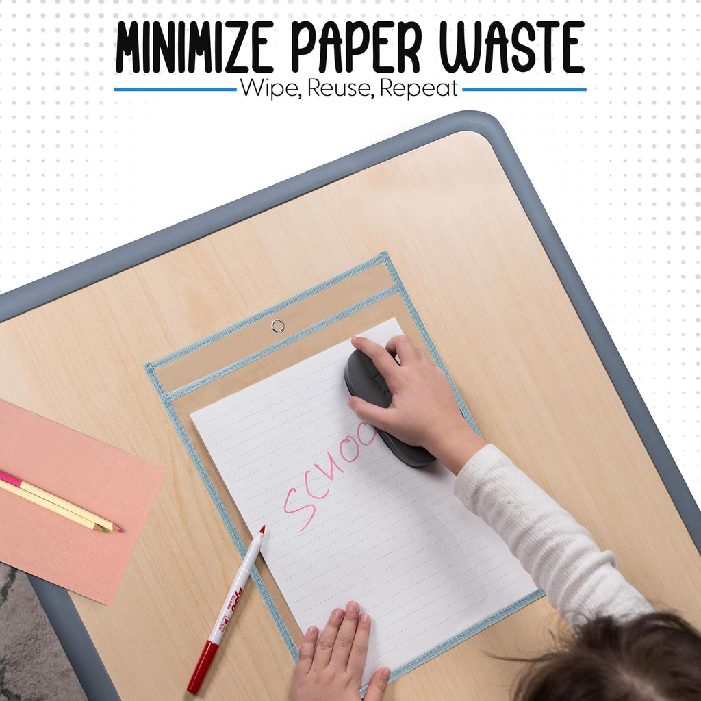 Essex Wares - 6 Pack, Light Gray, Water-Resistant Dry Erase Pocket Document Protectors, 10" Wide x 13.5" Tall - Dry Erase Clear Plastic Sleeves - Reusable & Easy Erase Plastic Invoice Holders