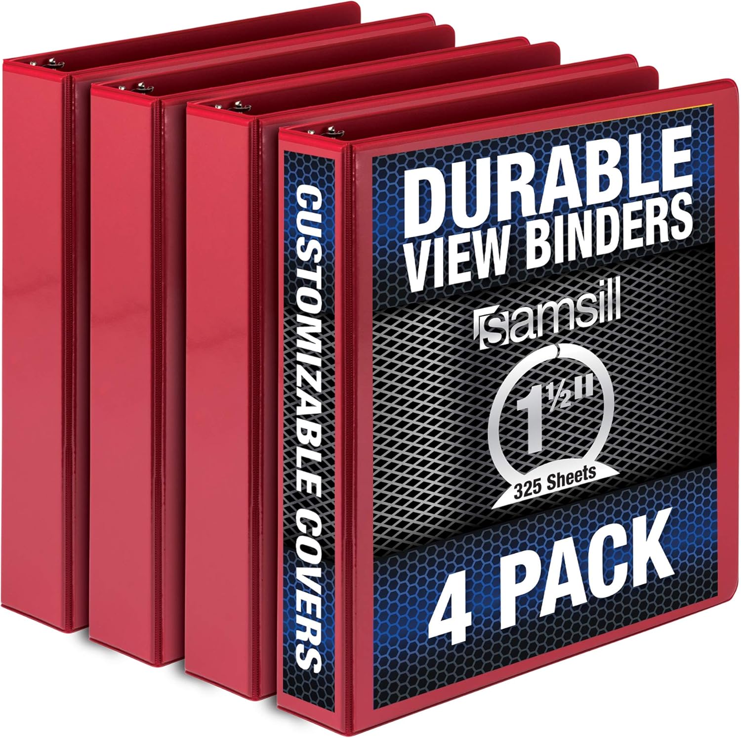 Samsill Durable 1.5 Inch Binder, Made in the USA, Round Ring Customizable Clear View Binder, Red, 4 Pack (MP48453)