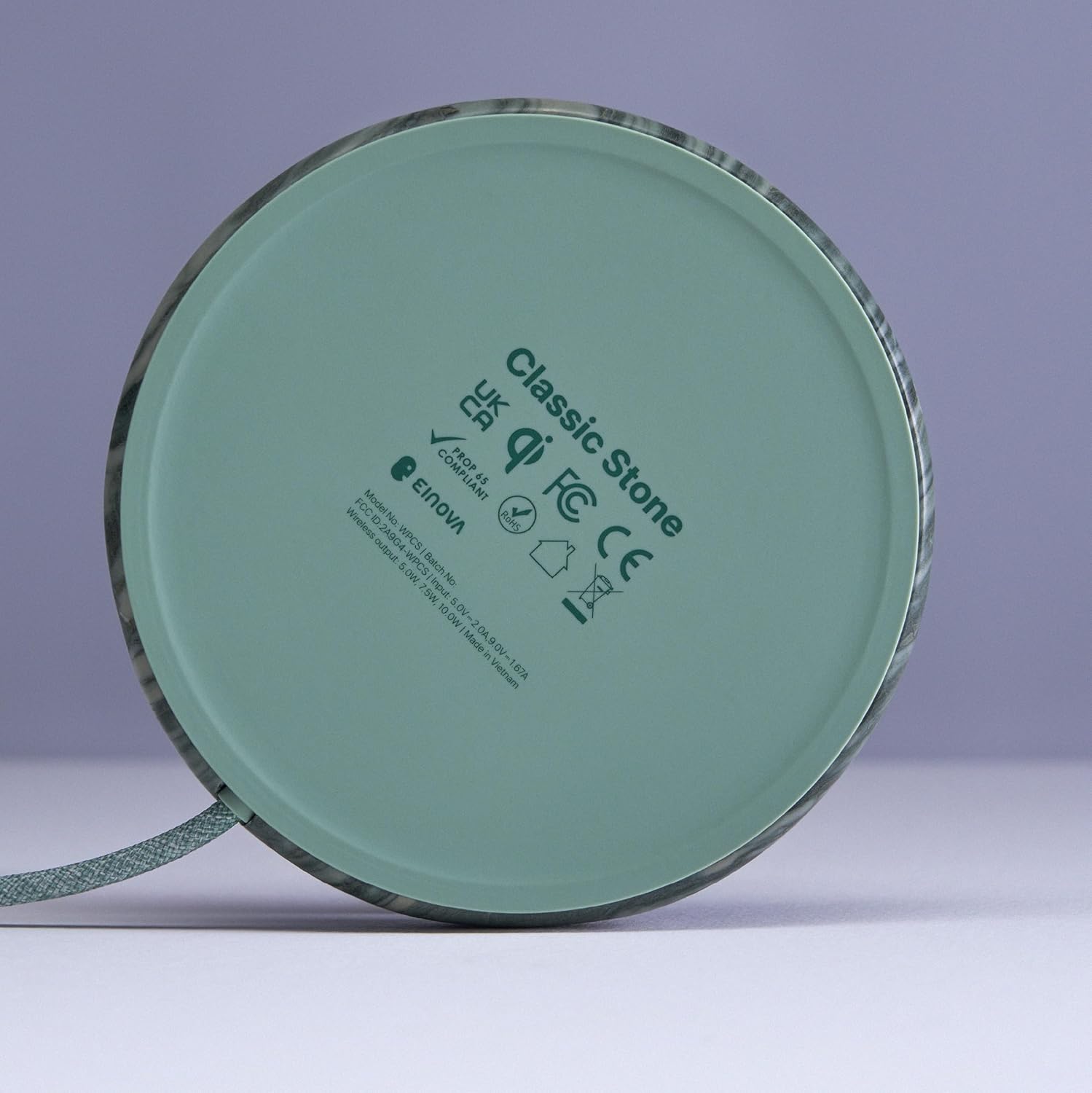 Einova Classic Stone – Marble Wireless Charging Pad Designed in Italy, Integrated 6 ft USB-C Cable, Smartphones, Wireless Earbuds, Smartwatches – Pine Verde Alpi Marble