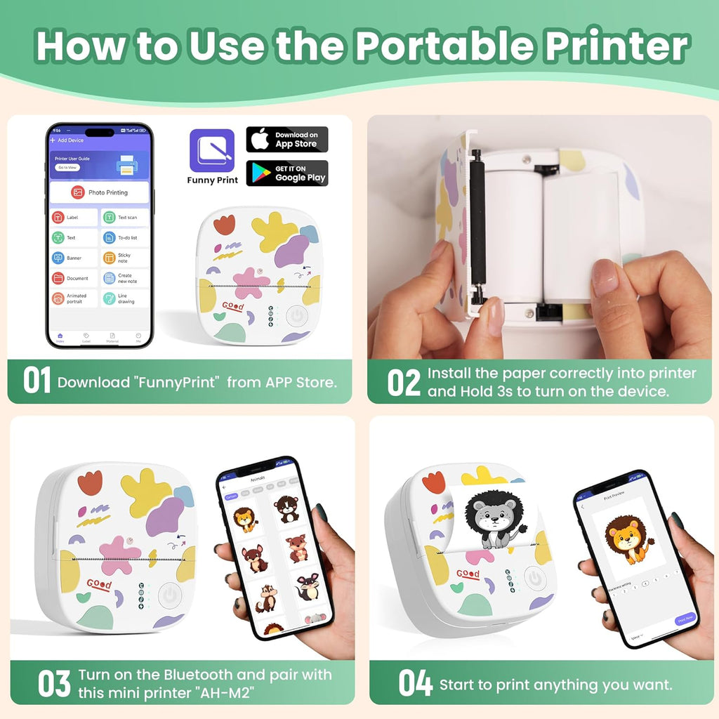 Mini Portable Sticker Printer, Mini Thermal Printer with 3 Rolls Paper, Bluetooth Inkless Printpods, Pocket Label Maker Suitable for Creative Kids DIY, Diaries, Photos, Study Notes -White