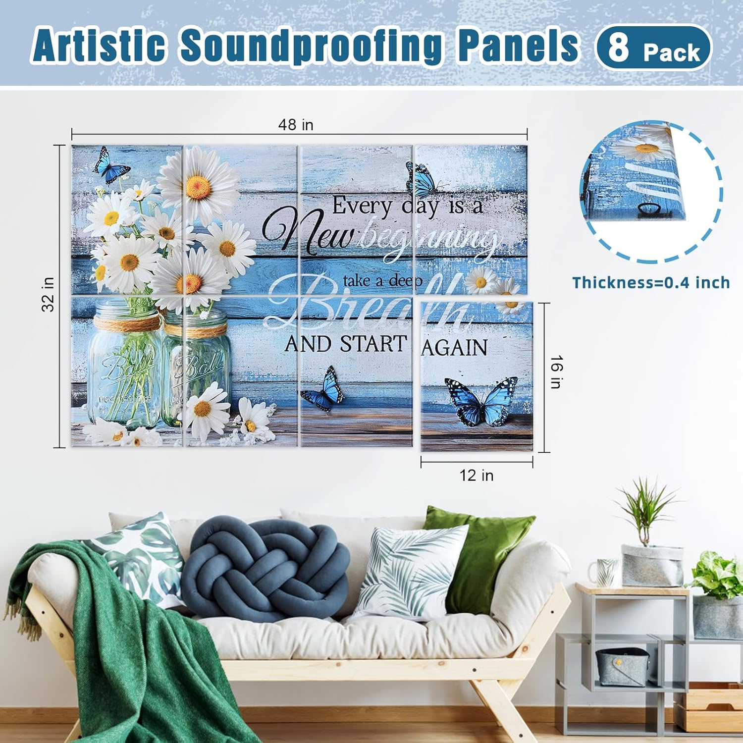 8 Pack Art Acoustic Panels, 48X32 Inches Soundproof Wall Panels Self Adhesive Decorative Sound Absorbing Padding, Noise Dampening Canceling Reducing Blocker for Room Office(Little Daisy)