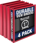 Samsill Durable 1 Inch Binder, Made in the USA, Round Ring Customizable Clear View Binder, Red, 4 Pack (MP48433)