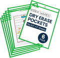 Essex Wares - 6 Pack, Neon Green, Water-Resistant Dry Erase Pocket Document Protectors, 10" Wide x 13.5" Tall - Dry Erase Clear Plastic Sleeves - Reusable & Easy Erase Plastic Invoice Holders