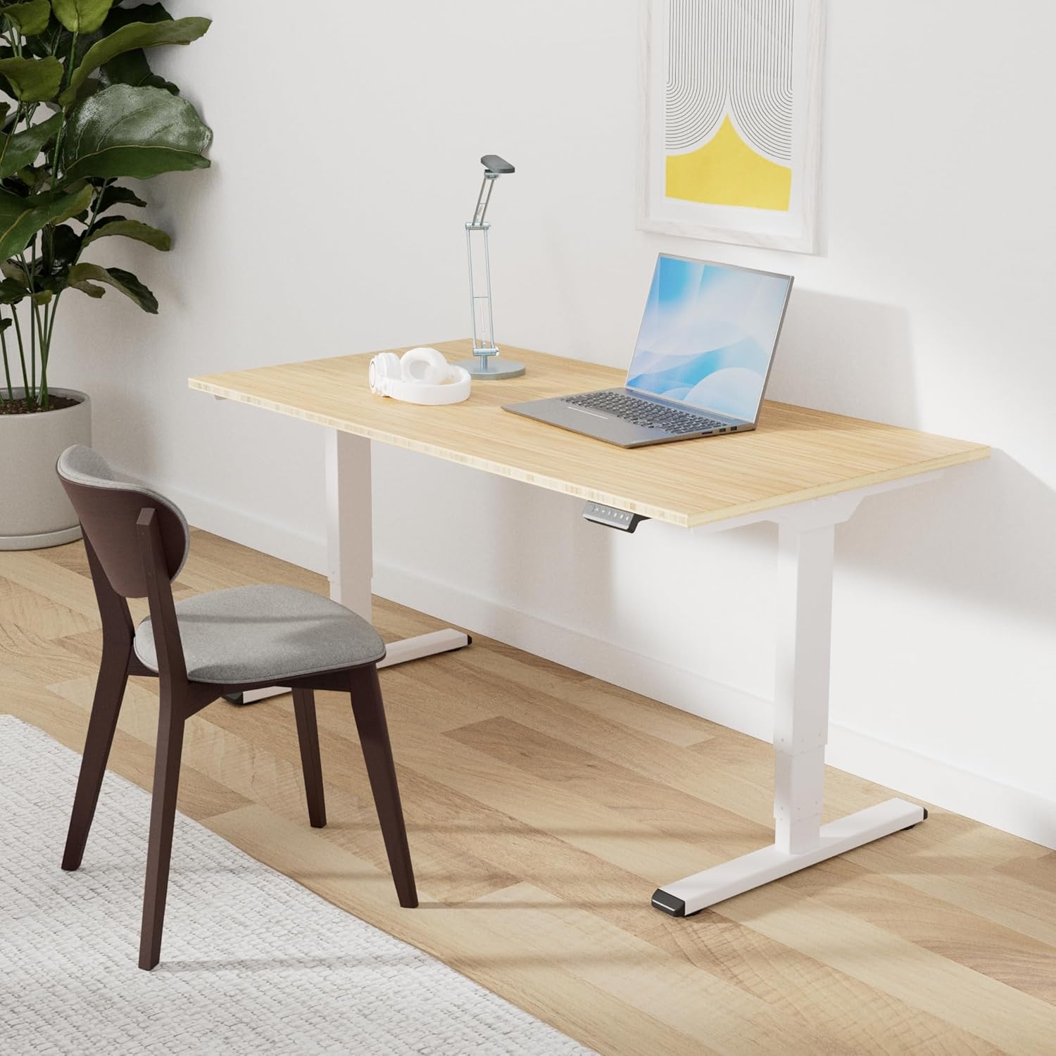 SANODESK 55 Inch 3 Stage Bamboo Electric Standing Desk, Dual Motor Height Adjustable Desk, Whole-Piece Desktop Sit to Stand Home Office Desk (White Frame/ 55” x 28” Natural Bamboo Top)