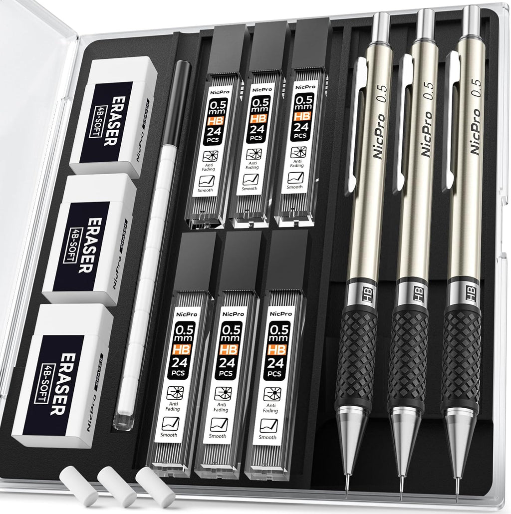 Nicpro RG1000 0.5 mm Art Mechanical Pencil Set in Storage Case, 3 PCS Metal Drafting Pencil Lead Pencil with 6 Tube HB Refills, 3 Erasers, 9 PCS Eraser Refills for Artist Writing, Drawing, Sketching