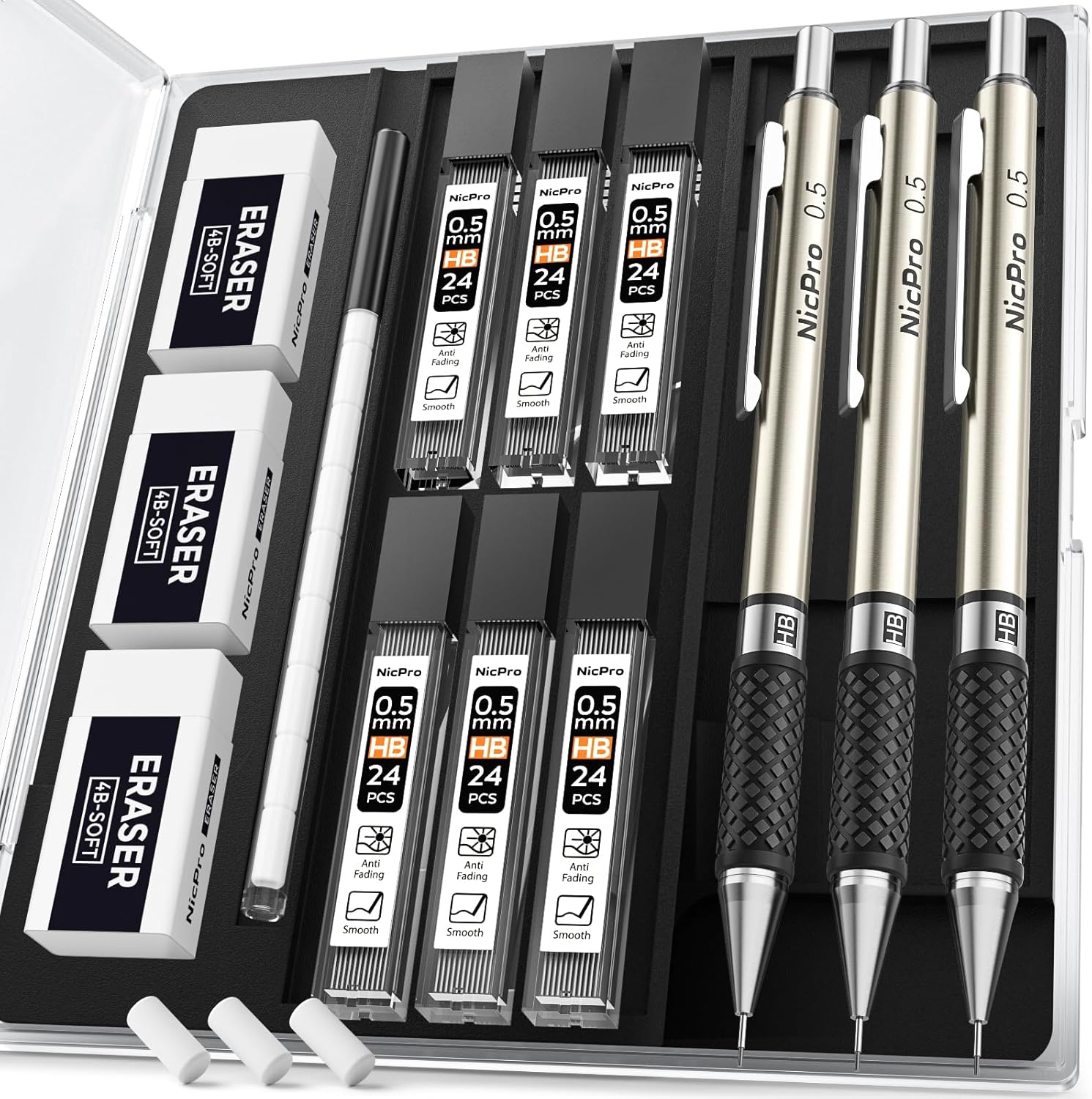 Nicpro RG1000 0.5 mm Art Mechanical Pencil Set in Storage Case, 3 PCS Metal Drafting Pencil Lead Pencil with 6 Tube HB Refills, 3 Erasers, 9 PCS Eraser Refills for Artist Writing, Drawing, Sketching