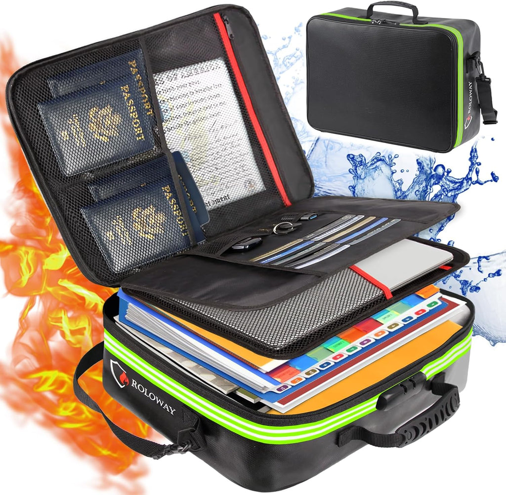 ROLOWAY Fireproof Document Bag with Lock & Reflective Strip (17 x 11.8 x 5 inch), Important Document Storage Bag with Multi-Layer File Organizers (Black)