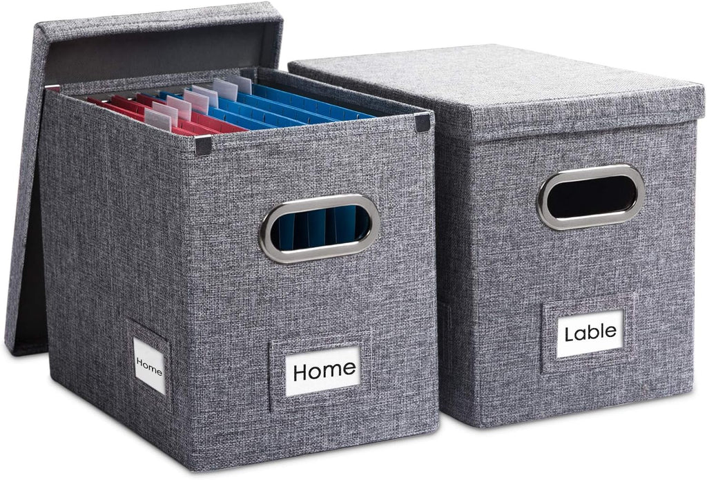 PRANDOM File Organizer Box - Set of 2 Collapsible Decorative Linen Filing Storage Hanging File Folders with Lids Office Cabinet Letter Size Grey (14x9.3x10.8 inch)