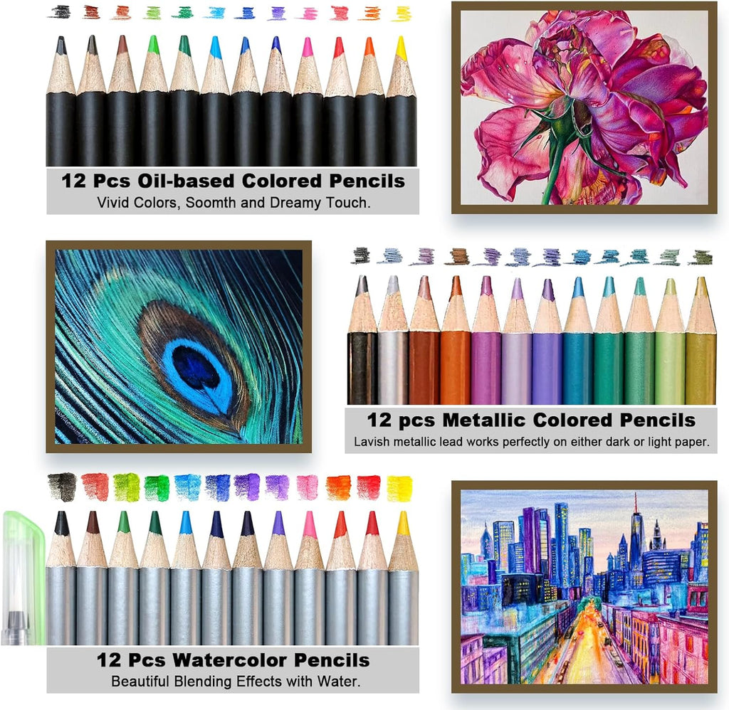 Artownlar 72 Pack Drawing Sketching Set with 8x11 Sketchbook | Pro Art Supplies Kit for Artist Adults Teens Beginner | Graphite Charcoal, Watercolor & Metallic Colored Pencils in Gift Case.