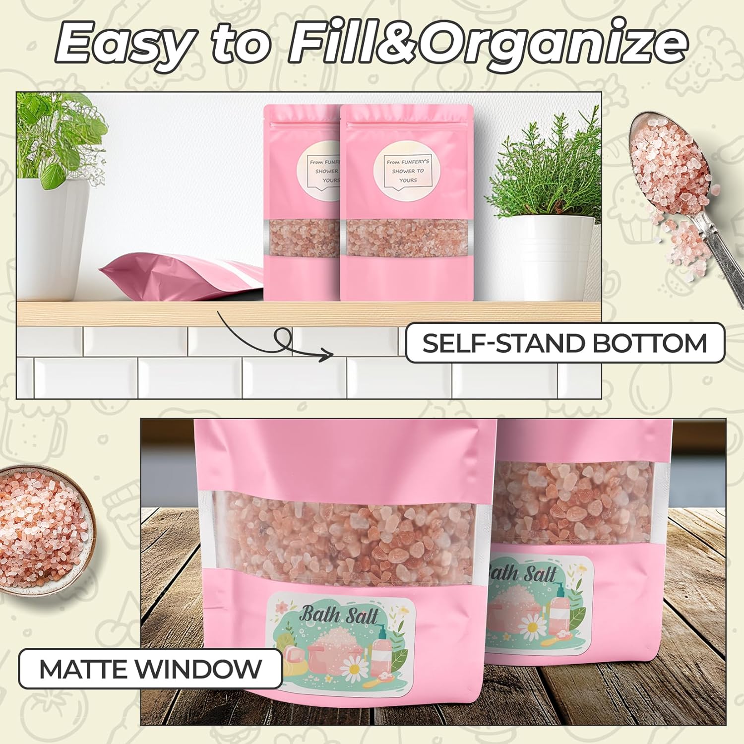 Funfery 100 Pcs Smell Proof Packaging Bags,Mylar Clear Bags for Food Storage,Sealable Bag for Packaging,Stand Up Pouches with Window,ReSealable Bag for Small Business,Cookies,Candy(Pink,4.7x7.9in)