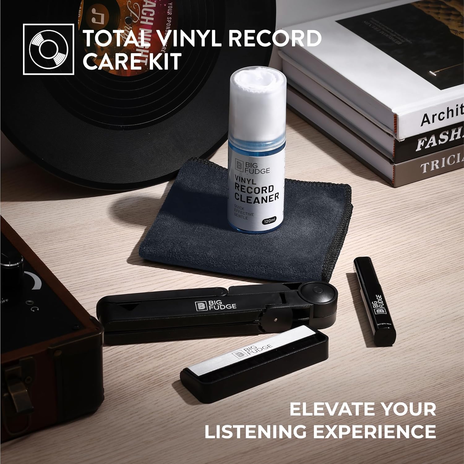 BIG FUDGE Professional Series Vinyl Record Cleaner Kit - Vinyl Record Cleaning Kit Includes Vinyl Record Brush Cleaning Fluid, Stylus Gel, Brush for Velvet, Padded Storage Case