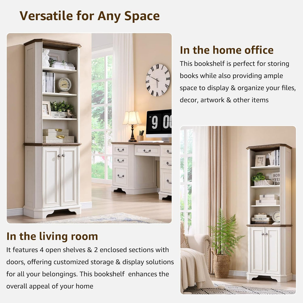 T4TREAM 6-Tier Bookshelf with Storage, 72" Tall Farmhouse Bookcase with Doors and Adjustable Shelves, Wooden Floor Standing Display Book Shelf Organizer for Home Office, Antique White