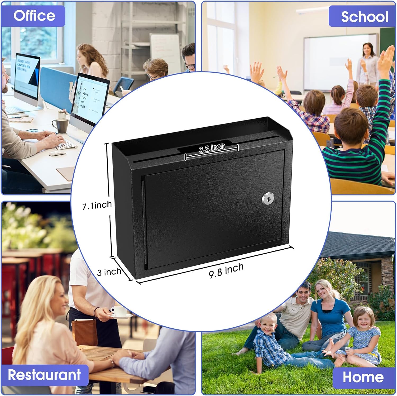 MaxGear Metal Suggestion Box with Lock 9.8" x 3" x 7", Black Seure Locked MailBox,Wall Mounted MailBox, Ballot Box with 50 Suggestion Cards ﻿