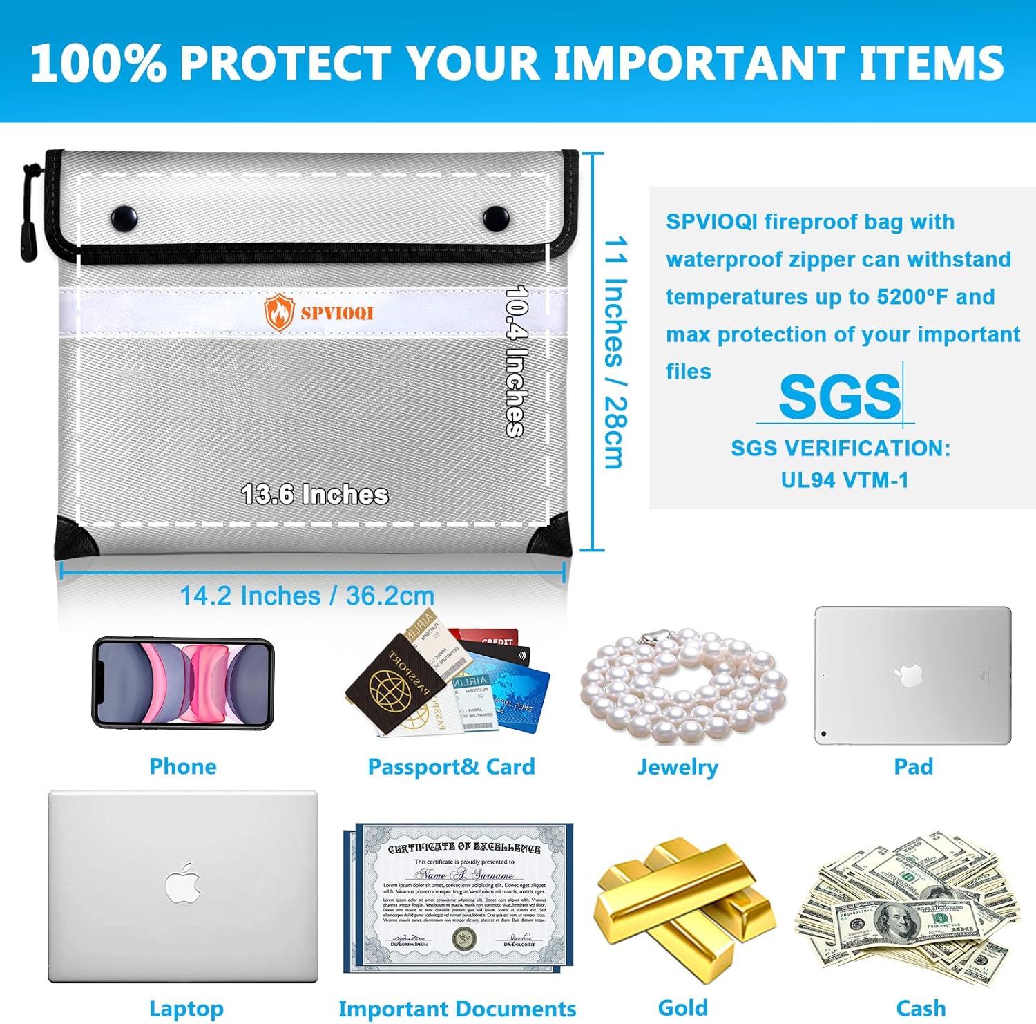 Upgraded Fireproof Document Bag 5200°F, 14.2” X 11” Waterproof Fireproof Bag with Zipper, 8 Layers of Heat Insulated Materials, Fireproof Money Bag for Cash, Important Documents and Valuables fire bag
