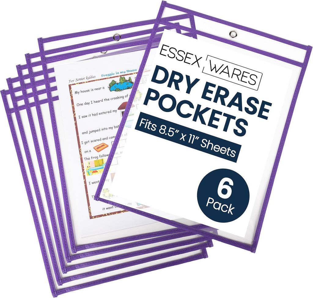 Essex Wares - 6 Pack, Purple, Dry Erase Pocket Document Protectors, 10" Wide x 13.5" Tall - Dry Erase Clear Plastic Sleeves - Reusable & Easy Erase Plastic Invoice Holders, Water-Resistant & Durable
